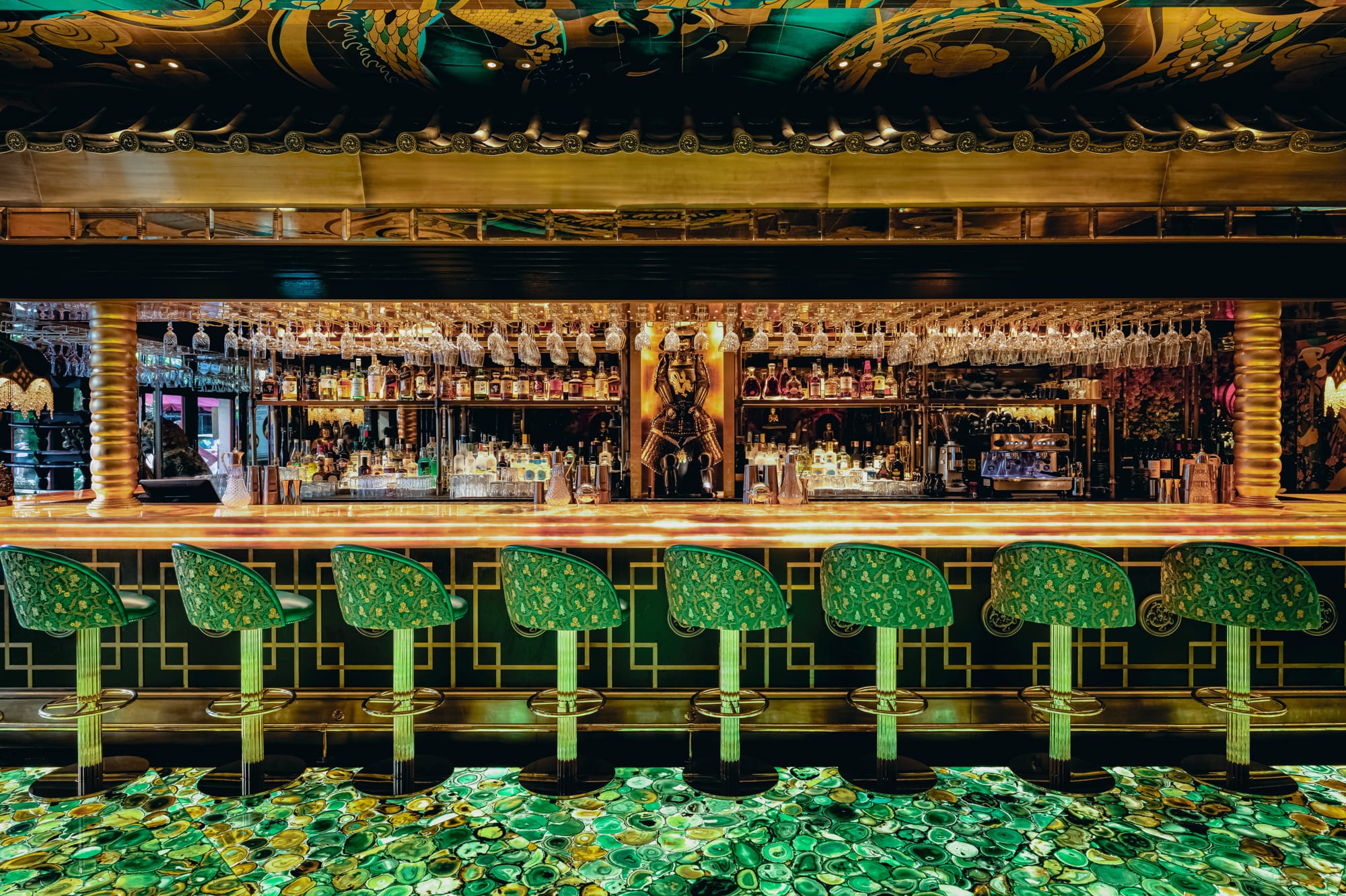 Bar area with high chairs at The Ivy Asia Mayfair in London.