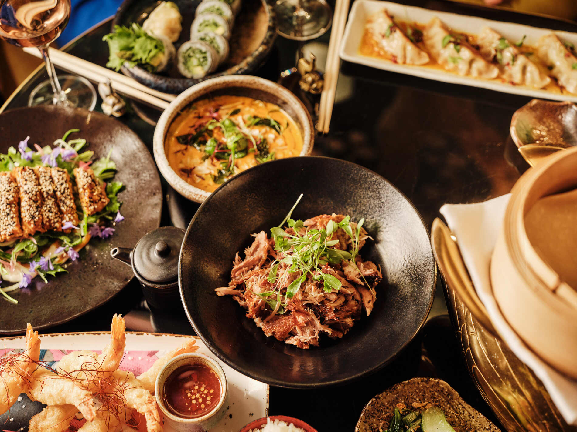 Asian dishes and cocktails.