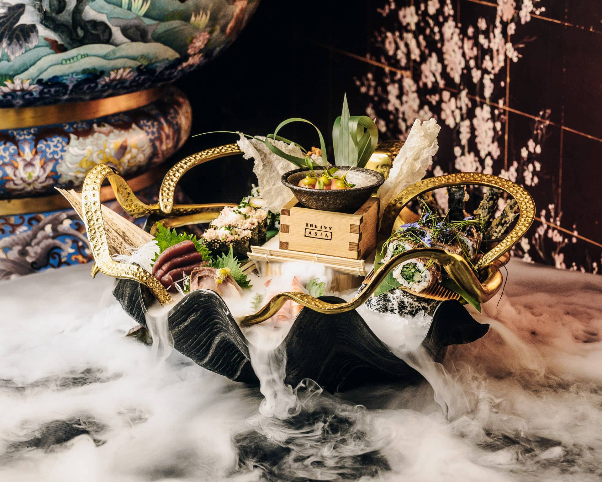 The Ivy Asia 'Black Shell'. A selection of sushi, sashimi, nigiri and rolls.